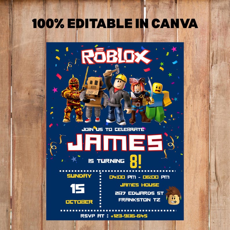 Puede incluir: Una invitaci&oacute;n de cumplea&ntilde;os con tem&aacute;tica de Roblox en azul marino con el texto "100% EDITABLE IN CANVA". La invitaci&oacute;n presenta personajes de Roblox, el nombre "JAMES" y el n&uacute;mero "8". Incluye fecha, hora y lugar.