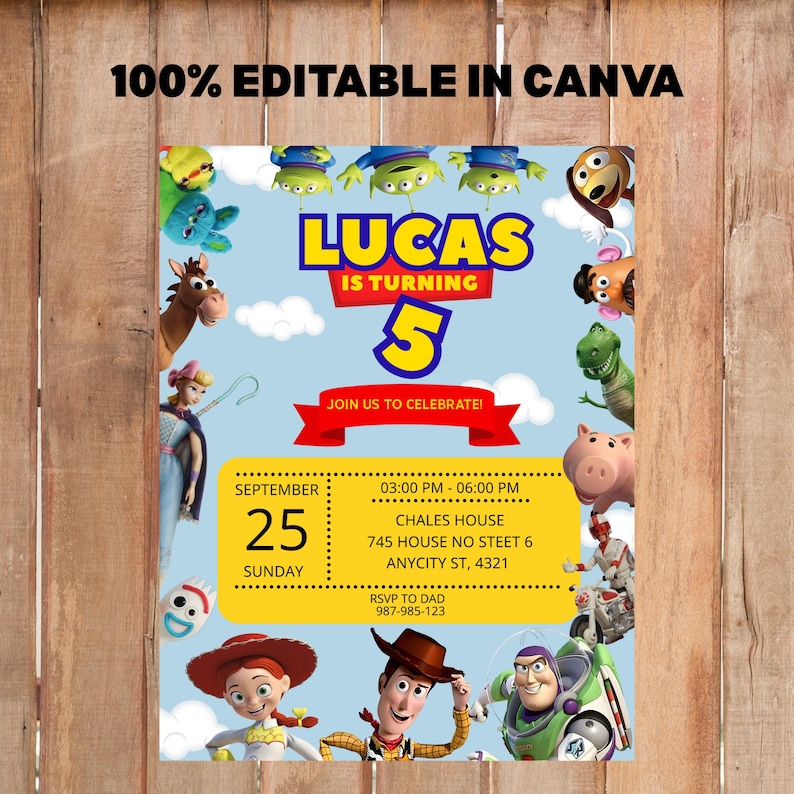 May include: A light blue birthday invitation featuring characters from the Toy Story movie. The invitation includes the text "LUCAS IS TURNING 5" and event details. The words "100% EDITABLE IN CANVA" are at the top.