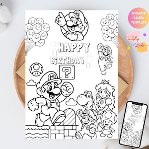 Peut inclure: Carte d'anniversaire imprimable en noir et blanc avec des personnages de Mario. La carte comprend le texte "HAPPY BIRTHDAY" et divers personnages de la franchise Super Mario. Un smartphone affiche le même design. Le texte "EDITABLE CANVA TEMPLATE" est également visible.