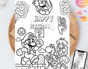 Cumpleaños de Super Mario, Tarjeta para colorear de feliz cumpleaños de Mario / Tarjeta de cumpleaños para niños / Descarga instantánea en PDF / Invitación para colorear