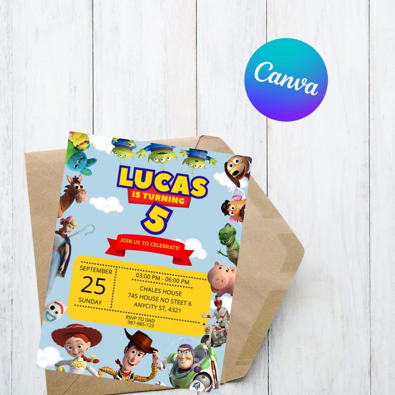 May include: A birthday party invitation featuring characters from the Toy Story movie. The invitation is light blue with the name "LUCAS" and the number "5" in yellow and red. It includes event details and the text "JOIN US TO CELEBRATE!"