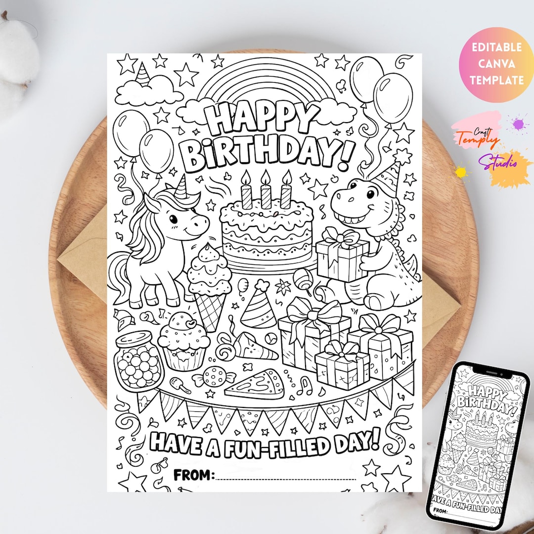 Happy Birthday Coloring Card DIGITAL | Colouring Greeting Card for Kids ...