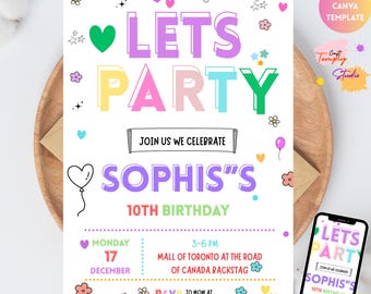 Simple Colorful Birthday Invite, Bright and cheerful party, Invitations, Editable Template, Printable Invitation, Instant Download