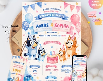 Blue Dog Birthday Invitation, Twin Birthday Party, Editable Invite, Boy, Digital Download Template, Bingo, Bluey