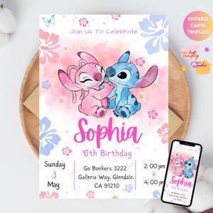 May include: A birthday invitation template featuring a pink and blue watercolor background with illustrations of Stitch and Angel. The text reads Join Us To Celebrate, Sophia, 6th Birthday, Sunday 3 May, and the address Go Bonkers 3222 Galleria Way.