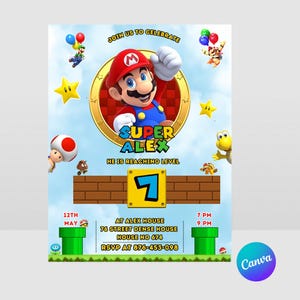 Mario Bros Invitation, Super Mario Birthday Invitation, Super Brothers boy Invite, Video Game, Kid Invite, Editable Template, Editable Canva