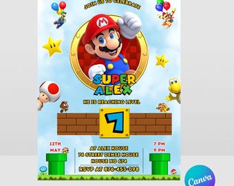 Super Mario-verjaardagsuitnodiging | Bewerkbare canvassjabloon | Afdrukbare digitale download | Mario-feestuitnodiging voor kinderen, jongens, meisjes | Kleurrijk