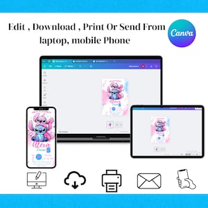 Pu&ograve; includere: Un invito digitale con i personaggi Stitch e Angel, visualizzato su laptop, telefono e tablet. L'invito ha uno sfondo acquerello rosa e blu con il testo "Alexa ha 5 anni". Il logo Canva si trova in alto a destra.