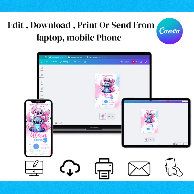 Pu&ograve; includere: Un invito digitale con i personaggi Stitch e Angel, visualizzato su laptop, telefono e tablet. L'invito ha uno sfondo acquerello rosa e blu con il testo "Alexa ha 5 anni". Il logo Canva si trova in alto a destra.