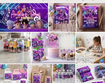 K-Pop Style Party Favor Bundle, Purple Pink Idol Birthday Decorations, Editable VIP Pass Chip Bag Water Label Canva Template