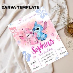 May include: A birthday invitation featuring the characters Stitch and Angel in a watercolor style. The invitation is pink and white with floral accents and includes the text "Sophia's 5th Birthday" and "Join Us To Celebrate". The words "CANVA TEMPLATE" are at the top.