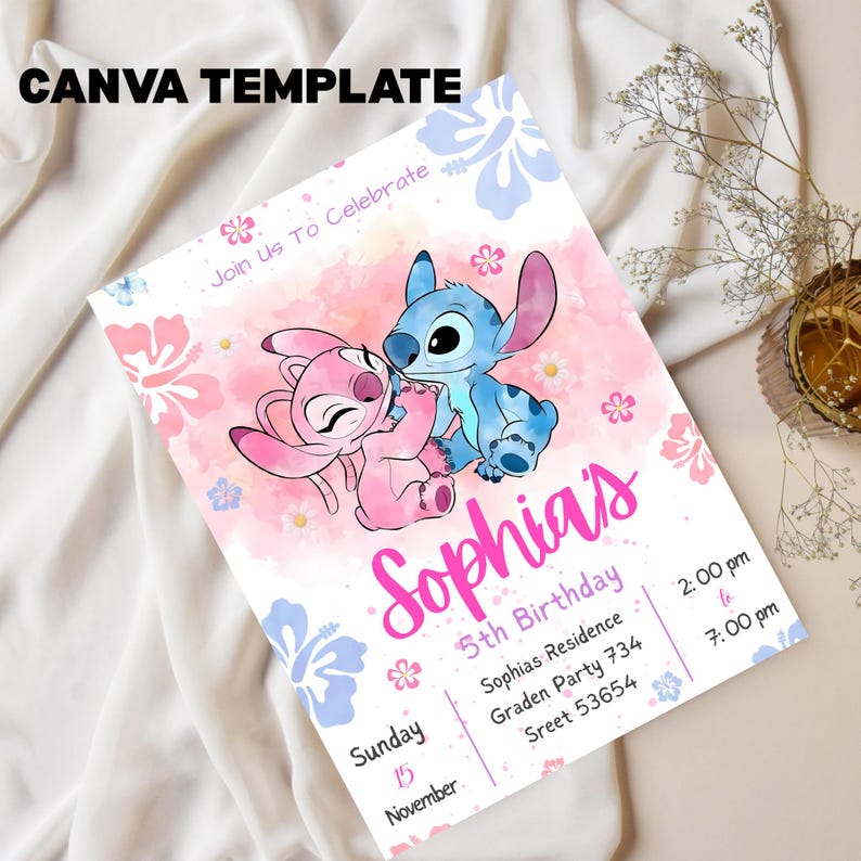 May include: A birthday invitation featuring the characters Stitch and Angel in a watercolor style. The invitation is pink and white with floral accents and includes the text "Sophia's 5th Birthday" and "Join Us To Celebrate". The words "CANVA TEMPLATE" are at the top.