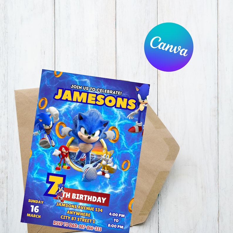Pode incluir: Um convite de anivers&aacute;rio azul e amarelo com o personagem Sonic the Hedgehog. O convite inclui o texto "JAMESONS" e detalhes da festa, como data, hora e local. O logotipo da Canva &eacute; vis&iacute;vel.