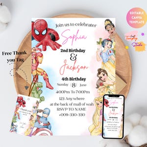 May include: A birthday party invitation featuring Spider-Man, Iron Man, and other superheroes, along with Disney princesses. The invitation includes the names Sophia and Jackson, the date, time, and RSVP information. A matching thank you tag is also included.