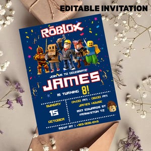 Puede incluir: Una invitaci&oacute;n azul con el tema de Roblox con el texto "&iexcl;&Uacute;nete a nosotros para celebrar que James cumple 8 a&ntilde;os!" y detalles del evento. La invitaci&oacute;n presenta personajes de Roblox y las palabras "Invitaci&oacute;n editable" en la parte superior.
