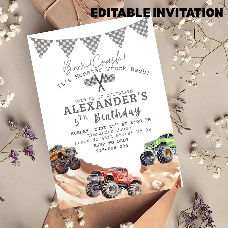 May include: An editable invitation for a Monster Truck Bash birthday party. The invitation features illustrations of monster trucks in orange, red, and green. The text includes the name "Alexander", the date, time, and RSVP information.