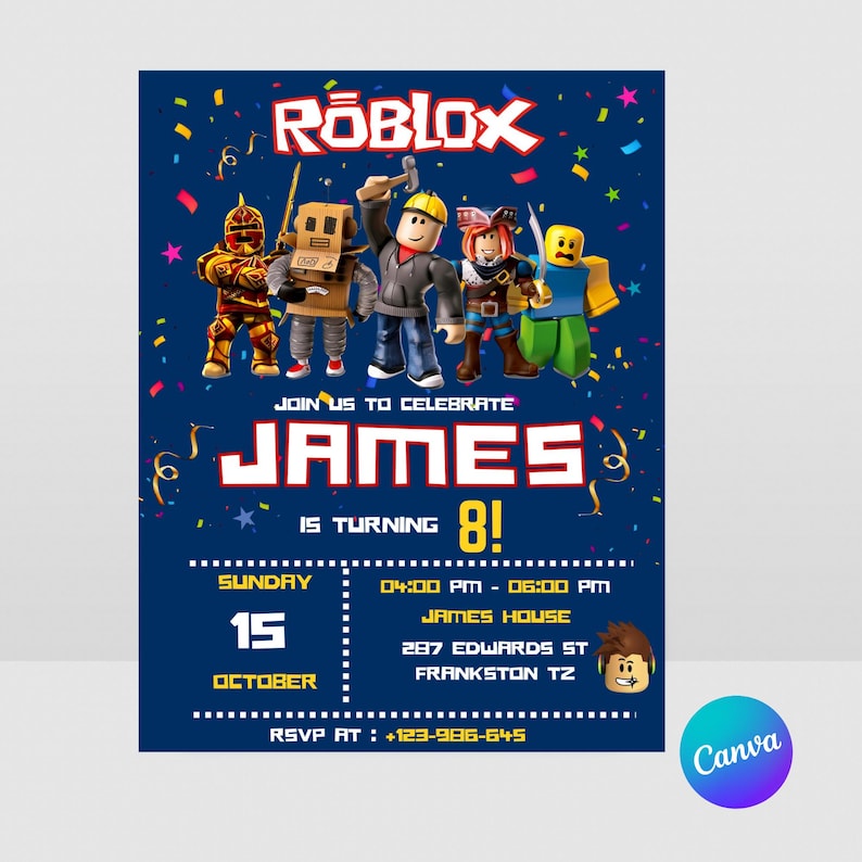 Puede incluir: Una invitaci&oacute;n de cumplea&ntilde;os azul marino con personajes de Roblox y confeti. La invitaci&oacute;n dice "&iexcl;&Uacute;nete a nosotros para celebrar que James cumple 8 a&ntilde;os!" con la fecha, hora y detalles del lugar. Tambi&eacute;n se incluye el n&uacute;mero de confirmaci&oacute;n de asistencia.