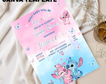 Stitch Gender Reveal Invitation: Pink & Blue Baby Shower (Canva Template Digital Download)