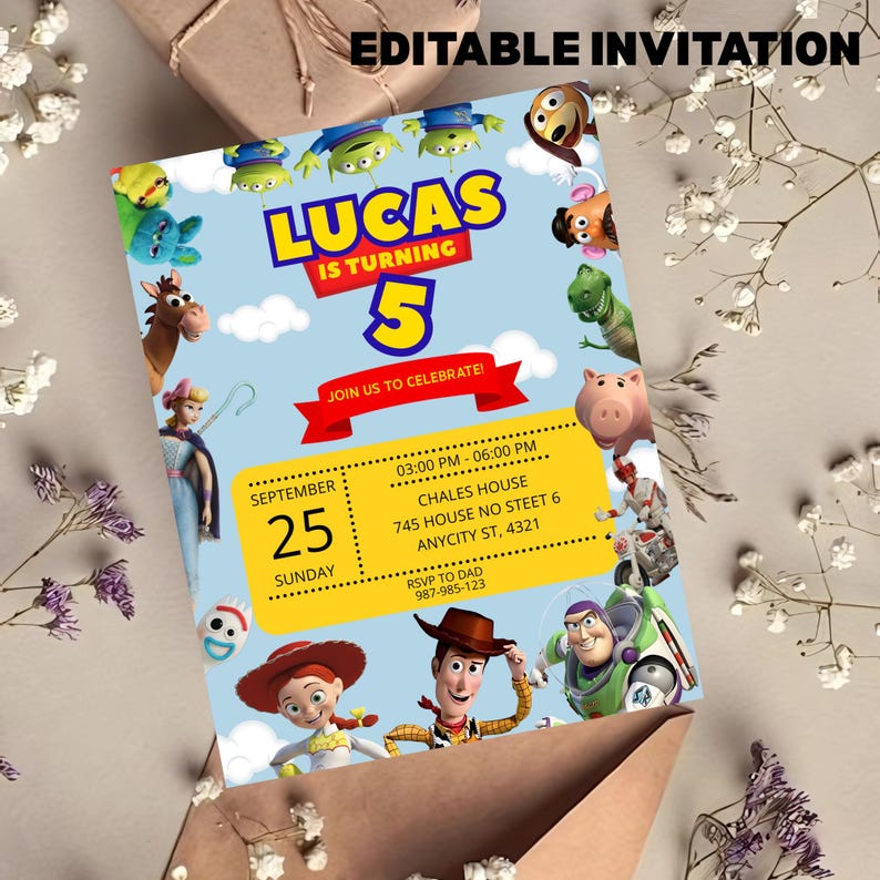 May include: An editable invitation for Lucas's 5th birthday, featuring Toy Story characters. The invitation includes the date, time, location, and RSVP information. The design is colorful with a blue sky background and various Toy Story characters.