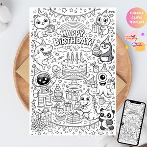 May include: Black and white birthday coloring page with the text "Happy Birthday!" surrounded by cartoon animals, gifts, and a cake. Includes a cat, shark, penguin, astronaut, monster, dinosaur, and panda. A phone displays the same design.