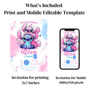 Pu&ograve; includere: Modello di invito digitale con un design di personaggi dei cartoni animati in rosa e blu. L'invito include il testo "Alexa compie 5 anni" e i dettagli dell'evento. Include una versione stampata (12,7 x 17,8 cm) e una versione mobile (1080x1920 pixel).