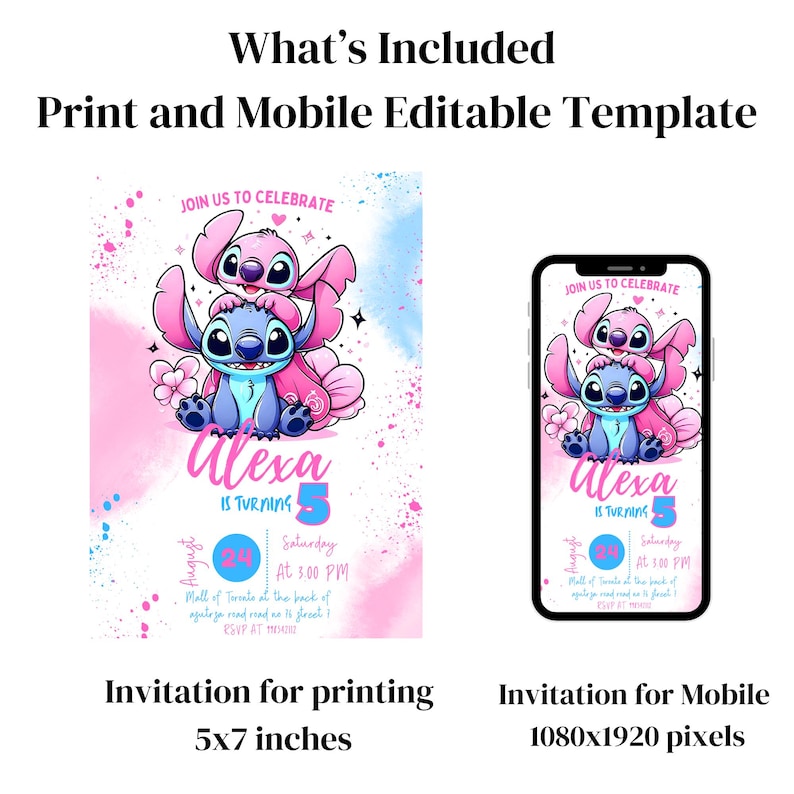 Pu&ograve; includere: Modello di invito digitale con un design di personaggi dei cartoni animati in rosa e blu. L'invito include il testo "Alexa compie 5 anni" e i dettagli dell'evento. Include una versione stampata (12,7 x 17,8 cm) e una versione mobile (1080x1920 pixel).