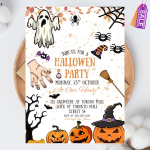 May include: Halloween party invitation featuring a ghost, spiders, bats, and pumpkins. The invitation text reads "Join us for a Halloween Party" with the date and address. A broom and witch's hat are also featured.
