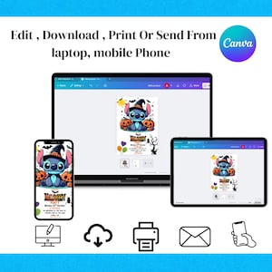 May include: A digital Halloween party invitation template featuring a blue alien character in a witch hat with pumpkins, displayed on a laptop, tablet, and smartphone screen. The text reads Edit, Download, Print Or Send From laptop, mobile Phone.