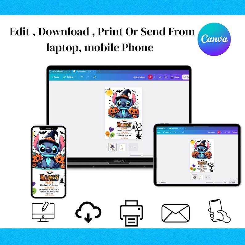 May include: A digital Halloween party invitation template featuring a blue alien character in a witch hat with pumpkins, displayed on a laptop, tablet, and smartphone screen. The text reads Edit, Download, Print Or Send From laptop, mobile Phone.