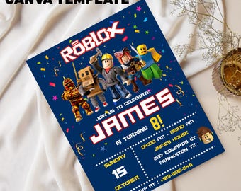 Roblox Invitation, Roblox Invite, Game Party, Roblox Boys Birthday Invitation Template, Game Birthday, Kids Roblox, Editable Template, Canva