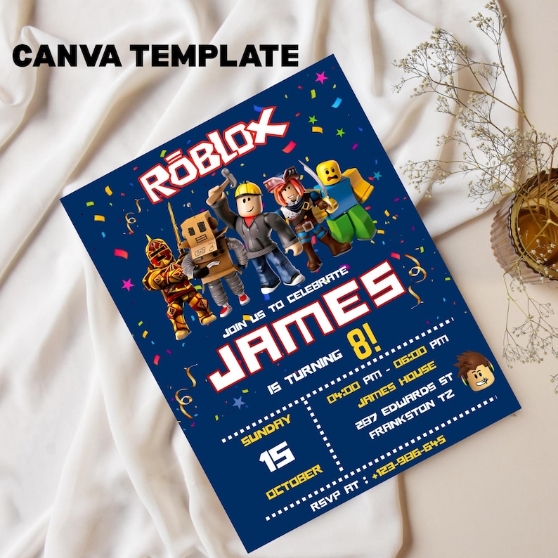 Puede incluir: Una invitaci&oacute;n de cumplea&ntilde;os de Roblox azul marino. La invitaci&oacute;n presenta personajes de Roblox, el nombre "JAMES" en letras blancas grandes y detalles de la fiesta, incluyendo la fecha, hora y lugar. El texto "CANVA TEMPLATE" est&aacute; en la parte superior.