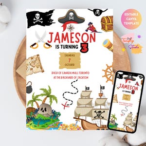 Könnte beinhalten: Piraten-Geburtstagseinladung mit einem Piratenschiff, einer Schatzkarte und einem Totenkopf. Die Einladung lautet "Jameson wird 3" mit Datum und Ort. Ein Smartphone zeigt das gleiche Design.
