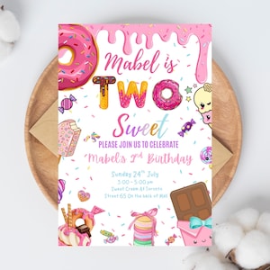 Two Sweet Birthday Invitation, 2nd Birthday Girl Invitation, Two Year Dessert Invite, Candy Sweets Donut Ice Cream Cupcake, 5x7 Invite