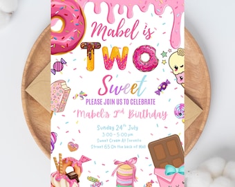Two Sweet Birthday Invitation, Sweet 2nd Birthday Girl Invite, Two Year Candy Invitation, Sweets Dessert Donut Ice Cream, Canva Template