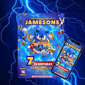 Pode incluir: Um convite de anivers&aacute;rio com o personagem Sonic the Hedgehog. O convite &eacute; azul com raios e inclui o texto "Junte-se a n&oacute;s para celebrar! 7&ordm; anivers&aacute;rio de Jameson". Um smartphone exibe o mesmo design.