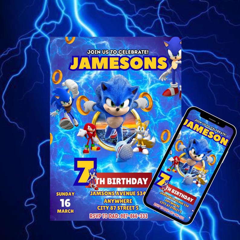 Pode incluir: Um convite de anivers&aacute;rio com o personagem Sonic the Hedgehog. O convite &eacute; azul com raios e inclui o texto "Junte-se a n&oacute;s para celebrar! 7&ordm; anivers&aacute;rio de Jameson". Um smartphone exibe o mesmo design.