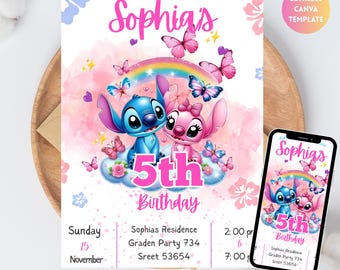 Stitch and Angel Birthday Invitation, Editable Stitch Birthday Invitation, Digital Party Invite, Stitch Birthday Party Invitation Printable