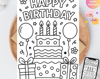 Tarjeta de cumpleaños para colorear DIGITAL / Tarjeta de felicitación para colorear para niños / Descarga instantánea / Archivo imprimible EDITABLE