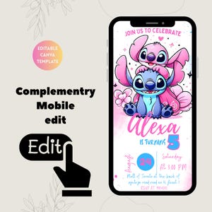 Pu&ograve; includere: Uno schermo di smartphone mostra un invito di compleanno con i personaggi Stitch e Angel. L'invito &egrave; per il 5&deg; compleanno di Alexa, con dettagli su data, ora e luogo. Il design include il testo "Unisciti a noi per festeggiare."