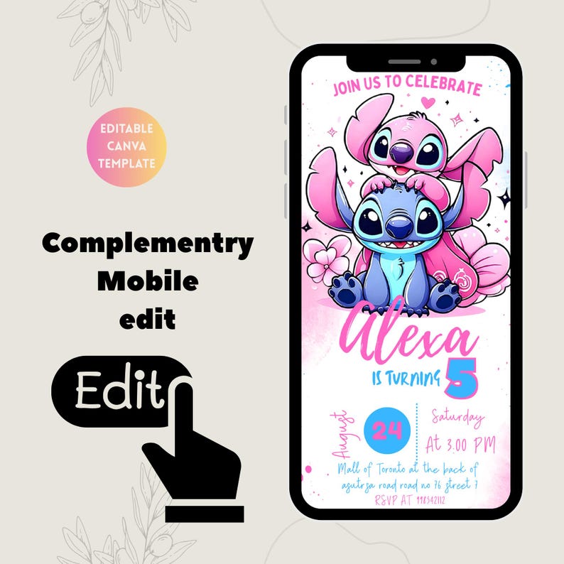 Pu&ograve; includere: Uno schermo di smartphone mostra un invito di compleanno con i personaggi Stitch e Angel. L'invito &egrave; per il 5&deg; compleanno di Alexa, con dettagli su data, ora e luogo. Il design include il testo "Unisciti a noi per festeggiare."