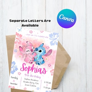 May include: A custom birthday invitation featuring the characters Stitch and Angel. The invitation has a watercolor background with pink and blue floral accents. The text reads "Sophia's 5th Birthday" with event details.