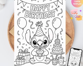 Happy Birthday Stitch Coloring Card DIGITAL | Colouring Stitch Card for Kids | Instant Download | EDITABLE Printable File Download| Coloring