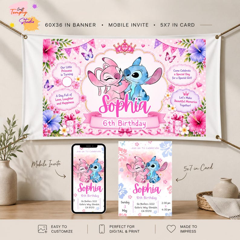 May include: A pink and white birthday party set featuring a 60x36 inch banner, a mobile invite, and a 5x7 inch card. The designs display cartoon characters Angel and Stitch, floral accents, butterflies, and the text Sophia 6th Birthday.