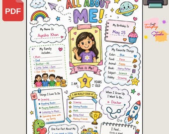 All About Me Worksheet Printable, Summer Games, Back to School Classroom Activity, First Day of School Sheet, Elementary Printable