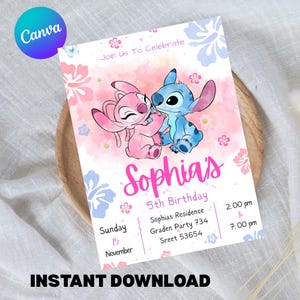 May include: A personalized invitation featuring the characters Stitch and Angel. The invitation is for Sophia's 5th birthday, with details including the date, time, and location. The design includes pink and blue watercolor elements and floral accents.