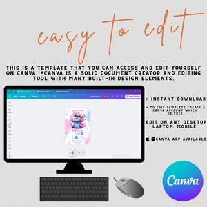 Pu&ograve; includere: Un monitor di computer mostra un modello Canva con un invito a tema Stitch. Lo schermo mostra il testo "easy to edit" e le istruzioni per la modifica del modello. Una tastiera e un mouse sono in primo piano.