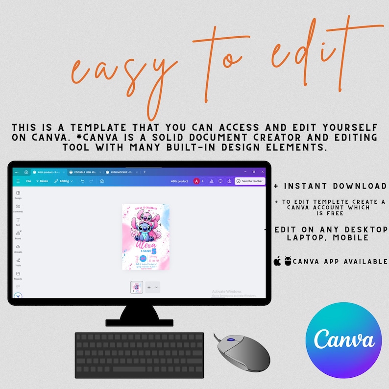 Pu&ograve; includere: Un monitor di computer mostra un modello Canva con un invito a tema Stitch. Lo schermo mostra il testo "easy to edit" e le istruzioni per la modifica del modello. Una tastiera e un mouse sono in primo piano.
