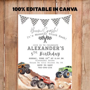 May include: A white invitation with the text "100% Editable in Canva" at the top. The invitation reads "Boom! Crash! It's Monster Truck Bash!" and announces Alexander's 5th birthday. Includes illustrations of monster trucks.