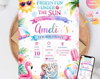 May include: A birthday invitation template featuring a watercolour design with a sun wearing sunglasses, a palm tree, a flamingo, and characters Anna, Elsa, and Olaf. The text reads Frozen Fun Under The Sun, Amelia's 5th Birthday, and event details.