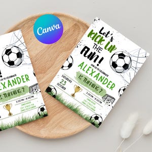 May include: Soccer-themed birthday invitations with a white background, featuring soccer balls, green grass, and the text "Let's kick up the fun!" and "Alexander is turning 7." The invitations are on a wooden tray.